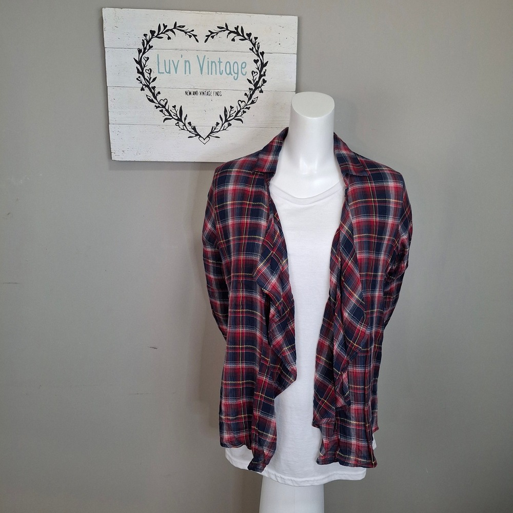 Living Doll Plaid Bandana Back Open Front Top Lightweight Roll Tab Sleeve Size M